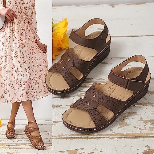 Momolaa Size 2.5 Wedge Sandals for Women Ladies Sandal Open Toe Orthopedic Shoes Sandals with Touch Fastening Closure Adjustable Comfy footwear Beack Travel Summer Shoes Clearance 004_Coffee — view 2