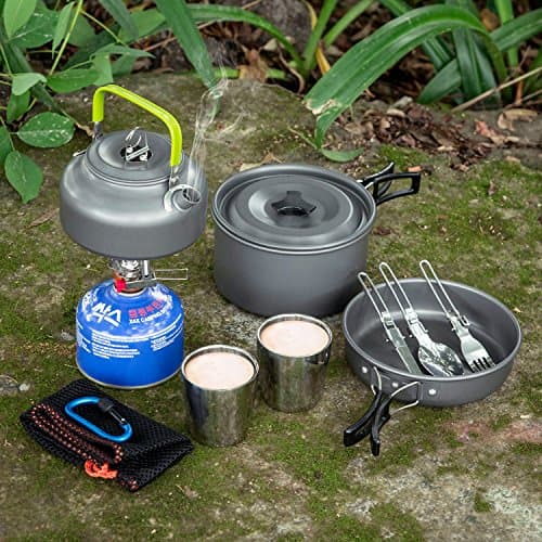 Odoland Camping Cookware Mess Kit for 2 People, Lightweight Outdoor Pot Pan Kettle with 2 Cups, Fork Spoon Cookware Kit Backpacking Picnic Gear for Trekking and Hiking — view 6