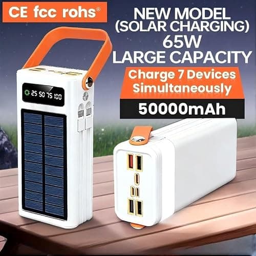 50000mAh Solar Power Bank with Built-in Charging Cable, Portable Fast Charger with USB and Type-C Ports, High Capacity Battery Pack for Phone, Laptop, Camping, Travel and Outdoor Use — view 3