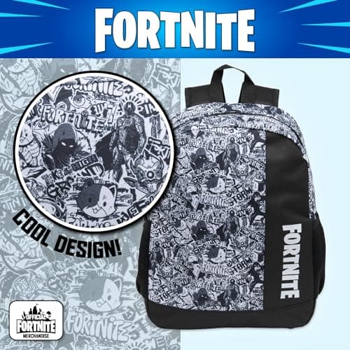 Fortnite Kids Backpack – Black & White Graffiti School Rucksack with Bottle Holders – Official Licensed, 42 x 32 x 12 cm — view 5