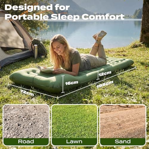 Inflatable Camping Sleeping Pad with Built-in Foot Pump 12cm Thick Waterproof & Tear-Resistant 50D Nylon Mattress Portable, Compact Air Mat for Backpacking, Hiking, Tents, Olive Green,195 X 72 X 12 CM — view 3