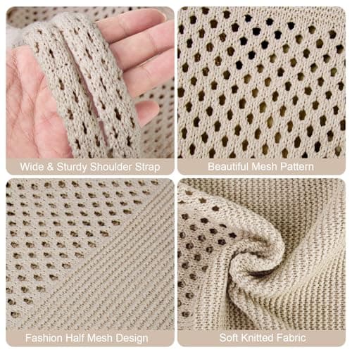 Kememo Crochet Tote Bag, Mesh Beach Tote Bag Knit Shoulder Bag Boho Casual Handbag for Shopping Travel School Work, Khaki — view 4
