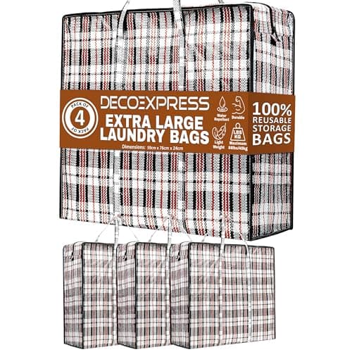 DECO EXPRESS Laundry Bags XXL, Pack of 4, 107L Strong, Durable & Reusable Extra Large Storage Bags with Zips, Ideal for Moving, Shopping, Packing, Laundry & Clothes Storage (76 X 59 X 24 CM)