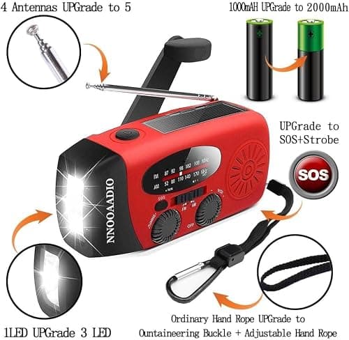 2000mAh SOS Alarm Emergency AM FM Weather Radio, 3LED Type-C Hand Crank Solar Battery Operated Portable Wind Up Radio Flashlight, Cell Phone Charger Survival Kit (Red) — view 2