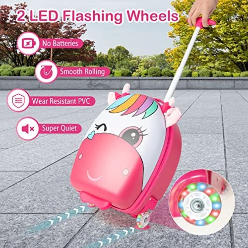 GYMAX Kids Luggage, 16" Children Hand Trolley Case with LED Wheels, Boys Girls Carry On Suitcase for Travel School (Pink) — view 4