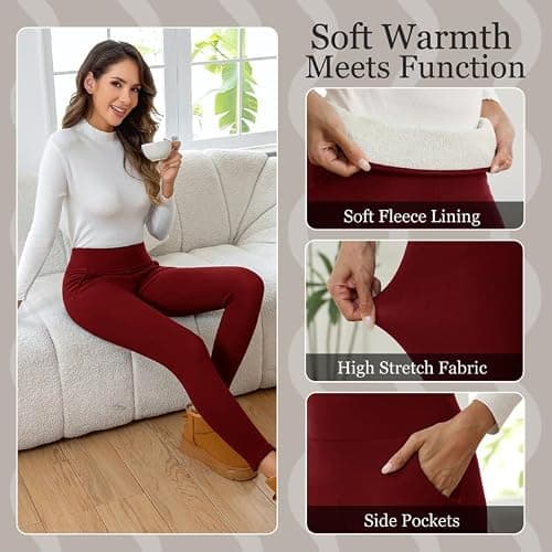 CrystErzoix Fleece Lined Leggings Women High Waisted Thermal Leggings Thick Ladies Sports Yoga Leggings Winter Warm with Pockets, Wine Red M — view 4