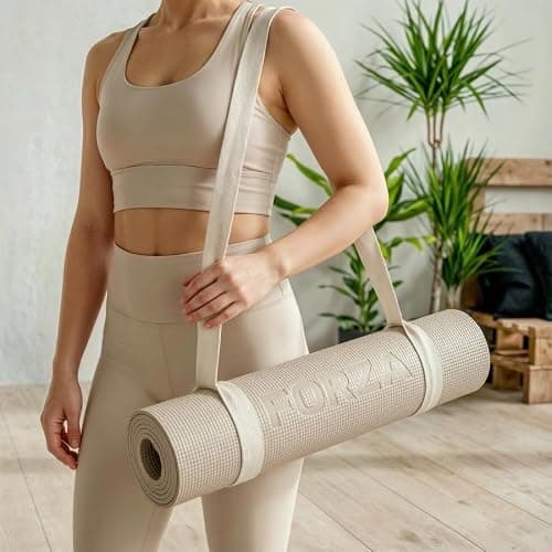 FORZA PVC Yoga Mat Non-Slip Exercise Mat – Lightweight Textured Foam Mat for Yoga, Pilates, Stretching & Home Workouts – Durable Mat for Gym (Beige, Pack of 1, With Carry Strap) — view 4