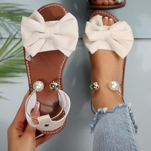 Women's Bow Flat Sandals, Open Toe Slip-On Ankle Strap Summer Dressy Shoes for Party, Wedding, Beach (burgundy,6) — view 3