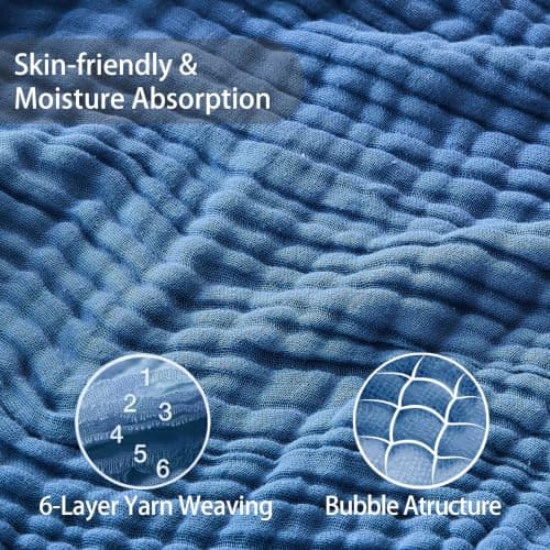 VANJOROY 100% Cotton Throw Blanket, 6-Layer Muslin Organic Soft Cozy Lightweight Large Throw for Bed Bedspread and Sofa - All Season Gauze Blanket,Blue-130x150cm — view 4