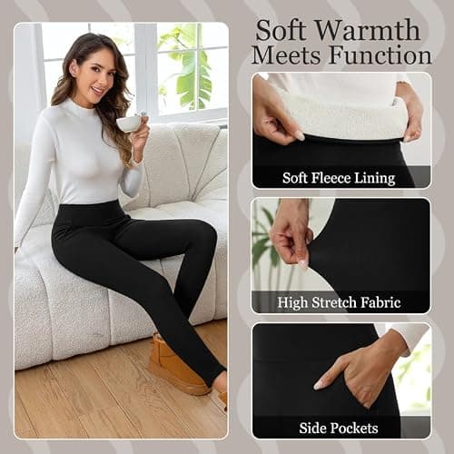 CrystErzoix Fleece Lined Leggings Women High Waisted Thermal Leggings Thick Ladies Sports Yoga Leggings Winter Warm with Pockets, Black M — view 4
