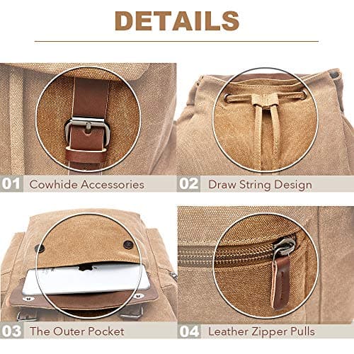 Rufun Canvas Backpack Vintage Rucksack Schoolbag for Laptop Daypack Hiking Travel Large Capacity Bag Unisex (Khaki) — view 3