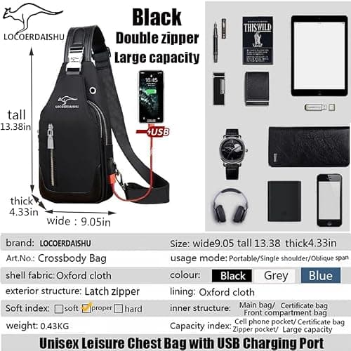 Men's Waterproof Sling Bag, Oxford cloth Chest Shoulder Crossbody Bag Crossbody with Double zipper USB Charging Port Adjustable Strap, Lightweight Casual Daypack for Hiking, Travel, Camping (Black) — view 3