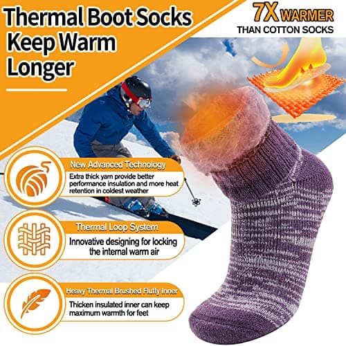 Welwoos Heated Thermal Socks for Women Winter Warm Ski Thick Boot Insulated Gift Socks Stocking Fillers for Women 3 Pairs (Purple & Blue & Grey B,L) — view 3
