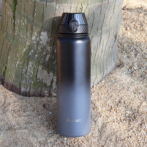 OLDLEY Stainless Steel Water Bottle with Straw 1L Vaccum Insulated Large Drink Flask Metal Water Bottles 1 Litre Leakproof Keep Drinks Hot Cold for Sports Gym Travel Adult Women Men(Black Grey, 1 Lid) — view 6