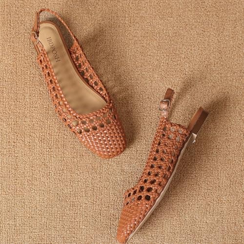 IBDPOSH Woven Slingback Flats for Women Square Toe Braided Sandals Comfortable Dressy Summer Shoes for Office and Travel, Brown, 3 UK — view 4