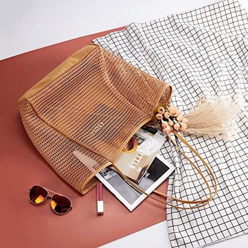 KALIDI Mesh Tote Bag,23L Beach Bag Extra Large Tote Bags for Women with Zip Pocket Shoulder Bag Summer Beach Bags Reusable Shopping Bag for Picnic Holiday Travel Grocery — view 3