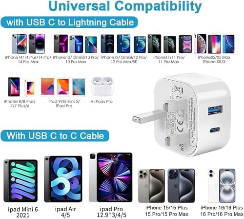 USB C Fast Charge Plug,3Pack Dual Port USB A and USBC Charger Plugs Adaptor UK Wall Charge for iPhone 17 Pro Max 16e 16 Plus Pro Max 15 14 13 12 11 SE Watch iPad Pro Mini Air,Type-C Ports Charging — view 5