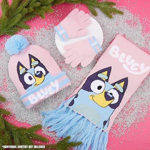 Bluey Girls Winter Accessories Set Cosy Warm Knit Hat Scarf & Kids Gloves or Beanie & Gloves School Travel, Kids Gifts (Pink Bluey 3 Pcs, 3-9 Years) — view 2