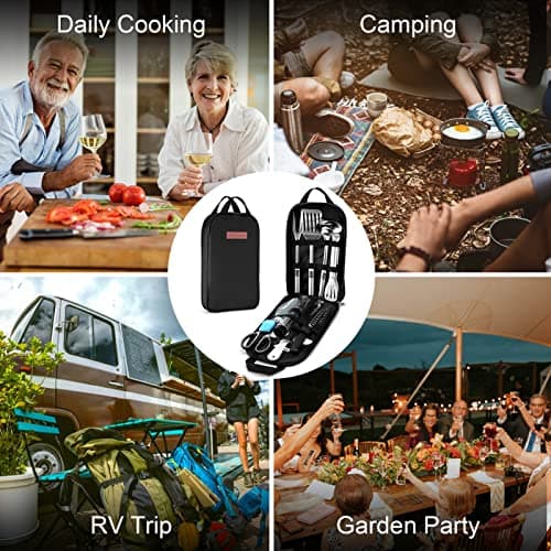 Odoland Camping Cookware Utensils Travel Set, Camp Kitchen Utensil Organizer, Cutting Board, Kitchen Scissors, Slotted Tongs Seasoning Bottle and Case for Backpacking, Outdoor Black — view 6
