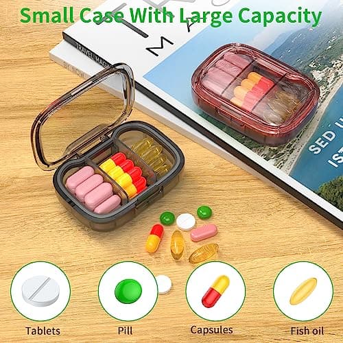 2 Pack 3 Compartment Small Pill Box, Moisture Proof Pill Case, Travel Pill Organizer for Pocket Purse, Daily Portable Medicine Vitamin Box, Fish Oil Box, Supplement Box (Black+Orange) — view 4