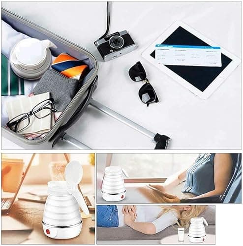 Foldable Electric Travel Kettle,600ml Portable Kettle Silicone Collapsible Heating Water Boiler Tea Pot for Camping,Easy for Storage with Separable Power Cord (White) — view 5