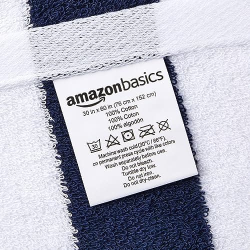 Amazon Basics Beach Towel, 100% Cotton Cabana Stripe, Pool, Gym & Spa Towels for Adults, 76 x 152 cm, Navy Blue, 2-Pack — view 3