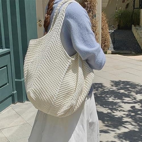 Aucuu Women Knitted Handbags, Retro Hollow Woven Shoulder Bags, Boho Shoulder Bag, Crochet Mesh Tote Bag, Beach Bag for Women, Travel Shopping Handbag for Holiday, Daily Work, Shopping, Travel-White — view 6