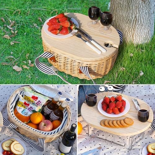 STBoo Picnic Basket for 2, Wicker Basket Set with Table and Cutlery(Stripe) — view 3