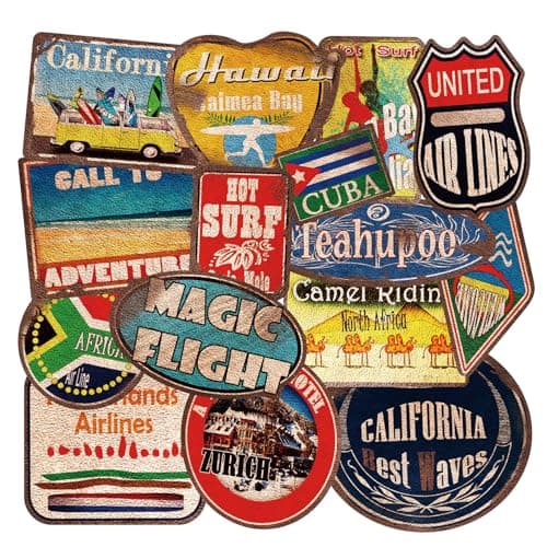 36 Large Retro Travel Stickers, Vinyl Vintage Suitcase Patches Luggage Stickerbomb, Decals for Skateboard Laptop Motorbikes