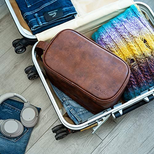 Elviros Travel Toiletry Bag Gift for Men，Mens Toiletries Bag Gifts Set Shaving Dopp Kit Water-Resistant Bathroom Toiletries Organizer PU Leather Cosmetic Bags 2 Piece Dark Brown — view 6