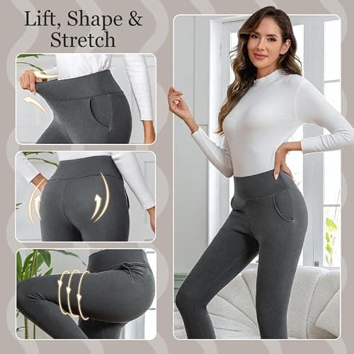CrystErzoix Fleece Lined Leggings Women High Waisted Thermal Leggings Thick Ladies Sports Yoga Leggings Winter Warm with Pockets, Heather Grey S — view 5