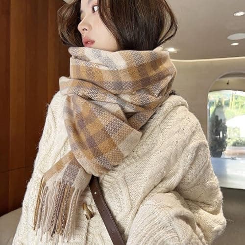 FCHUI Womens Tartan Scarf - Winter Long Plaid Blanket Scarves Soft Warm Check Pashmina Wool Shawl Wraps Ladies Spinning Tassel Long Stole Scarf (Pink Blue) — view 4