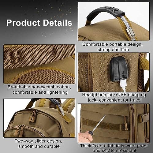 YORKING 50L Military Tactical Backpack Waterproof Assault Molle Army Assault Daypack Large Capacity Backpack for Men Women Trekking Hiking Travel Camping (Brown) — view 6