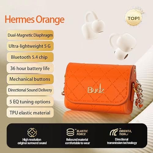 BUDZ Wireless Earbuds with Gift Box for Women, Bluetooth 5.4 Headphones with leather bag, Hi-Fi Dual-Magnetic Diaphragm Earphone, 36H Battery, ANC, 360° Spatial Immersion (HMS Orange) — view 2
