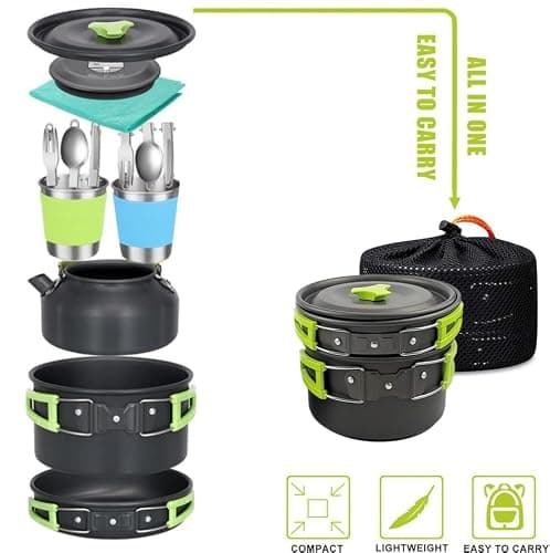 15pcs Camping Cookware Mess Kit,Non-Stick Pot and Pan Set with Kettle Stainless Steel Cups Plates Forks Knives Spoons Lightweight, Fork Spoon Kits for Backpacking, Outdoor Camping Hiking and Picnic — view 5