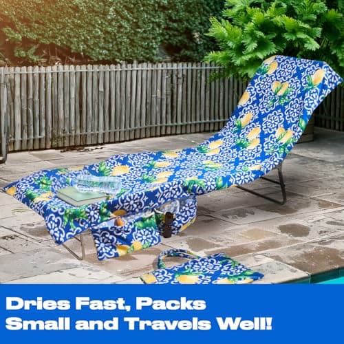Brentfords Sun Lounger Towels with Pockets, Soft Quick-Dry Absorbent Large Beach Towel in a Bag Lightweight Lounger Towels For Travel Poolside or Beach Days, 75 x 215cm - Lemon Tile — view 3