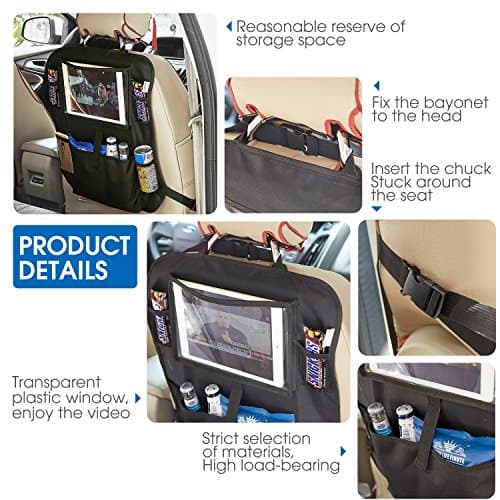 Tech Traders ® Back Seat Car Organiser with 10.1" iPad/Tablet Holder Touch Screen Kids Kick Mat Seat Protector Cover Universal Fit Multi Pockets Children’s Storage - Black — view 4