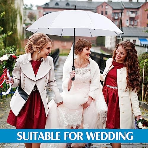 Weewooday 2 Pcs Large White Golf Wedding Umbrella 47.2 Inch Automatic Travel Umbrellas Windproof Plastic Handle Umbrella Brolly Photographer Parasol for Wedding Bride Groom Party — view 6