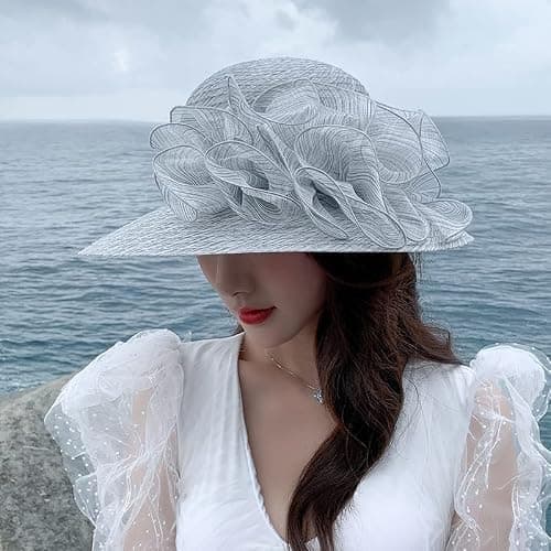 Ladies Foldable Organza Sun Hat Summer Church Hats Wide Brim Ascot Race Derby Hat for Cocktail/Wedding Party Hats Anti-UV Beach Sun Hat Bucket Cap Travel Holiday Cap (UK, Alpha, One Size, Light Grey) — view 6