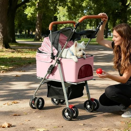 Simcat Pet Stroller for Small Dogs Cats, Foldable Cat Dog Pram for Medium Dogs with 360 ° Wear-Resistant Rubber Wheels Dog Travel Carrier (Pink) — view 6