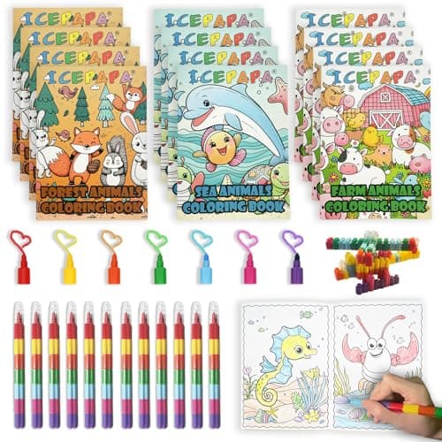 ICEPAPA, 12 colouring books for children and 12 crayons (7 colors in 1), mini colouring books for party bags, perfect for travel activity packs for kids and party bag fillers for kids unisex
