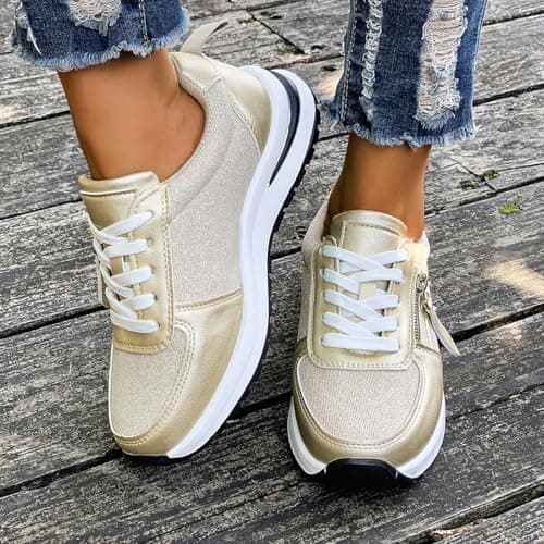 Womens Gym Trainers Wide Fit Womens Orthopedic Trainer with Arch Support Cushion Memory Foam Wedge Trainer Running Shoes Non Slip Platform Walking Sneakers Sport and Outdoor Shoes Gold 6.5 — view 3