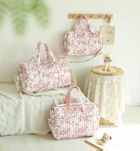 GSenhui Quilted Duffle Bag for Women Cute Baby Hospital Bag Floral Duffel Bags (Pink Floral-2) — view 6