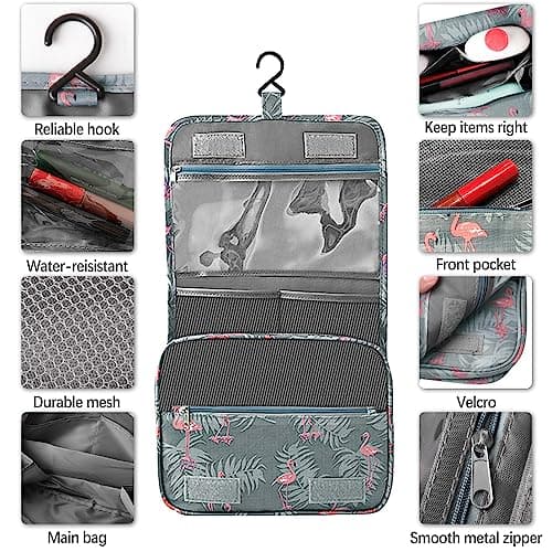 Hanging Toiletry Bag - Travel Portable Wash Bag Makeup Cosmetic Organizer for Women & Girls Waterproof Bathroom Shower Bag for Business Trip, Gym, Vacation & Household (Gray Flamingo) — view 2