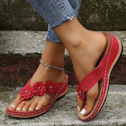 Red Sandals Wedge Flip Flops for Women Orthopedic Sandals Women Comfortable Flip Flops with Arch Support Summer Casual Wedge Sandal Slippers Dressy Comfy Platform Beach Travel Sandal Shoes — view 3