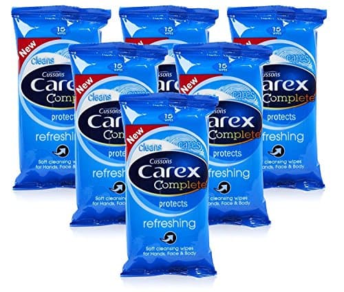 6x Cussons CAREX Refreshing Cleansing WIPES Hand Face & Body 15's Pocket Travel