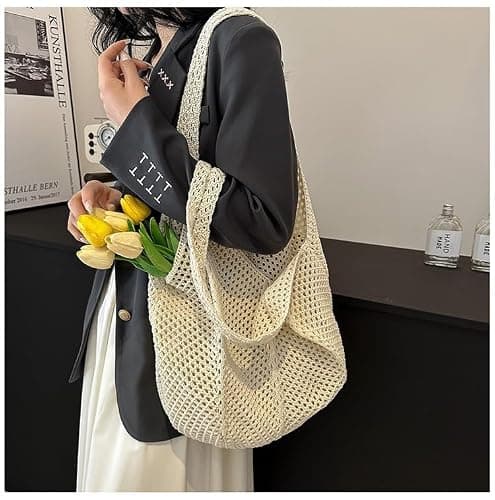 Aucuu Women Knitted Handbags, Retro Hollow Woven Shoulder Bags, Boho Shoulder Bag, Crochet Mesh Tote Bag, Beach Bag for Women, Travel Shopping Handbag for Holiday, Daily Work, Shopping, Travel-White — view 3