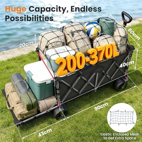 370L Festival Trolley on Wheels, Heavy Duty Folding Wagon, Portable Camping Cart Load up 550LB, Camping Trolley Foldable for Beach Outdoor Garden Shopping Fishing, Rear-Opening Design, Pure Black — view 2