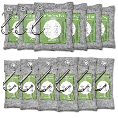 Bamboo Air Purifying Bags, 12 Pack, Activated Charcoal Odour Absorber, Moisture Absorber, Natural Car Air Freshener, Shoe Deodoriser, Home, Pet, Closet Odour Eliminators (Essential 12 Pack)