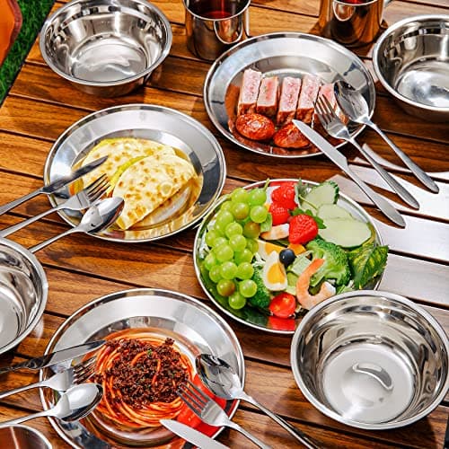 Odoland Camping Cutlery Set - Stainless Steel Tableware Mess Kit Plate Cup Fork Spoon, 8 in 1 Flatware Kit with Mesh Bag - Dinnerware Utensils Set for Outdoor Camping Hiking and Picnic for 1 People — view 5